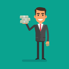 Businessman holding several bundles of money. Flat people. Vector Illustration