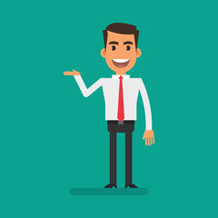Businessman in shirt points with his hand to and smiles. Flat people. Vector Illustration