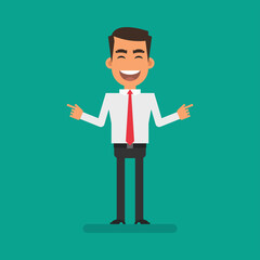 Businessman in shirt points fingers and smiles. Flat people. Vector Illustration