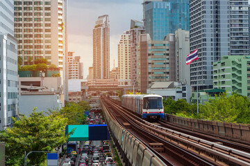 BTS Skytrain in Bangkok city Thailand - obrazy, fototapety, plakaty