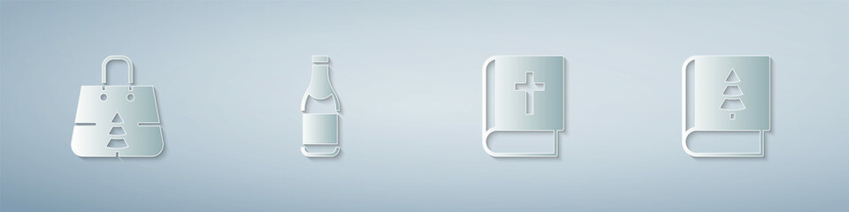 Set Christmas shopping bag, Champagne bottle, Holy bible book and . Paper art style. Vector