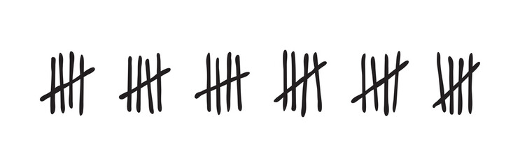 Tally mark on prison wall, count day vector icon, slash line and sticks hand drawn sorted by four and crossed out. Black and white simple illustration - obrazy, fototapety, plakaty