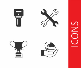 Set Racing helmet, Car key with remote, Award cup and Wrench spanner icon. Vector