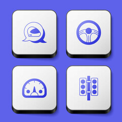 Set Racing helmet, steering wheel, Speedometer and traffic light icon. White square button. Vector