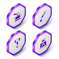 Set Isometric Anvil and hammer, Welding torch, Hammer and Blacksmith oven icon. Purple hexagon button. Vector
