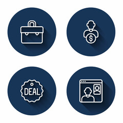 Set line Briefcase, Business investor, Deal and Video chat conference with long shadow. Blue circle button. Vector