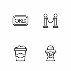 Fototapeta premium Set line Science fiction, Popcorn in cardboard box, Record button and Rope barrier icon. Vector