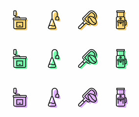 Set line Spatula with coffee grain, Manual grinder, Tea bag and Electric icon. Vector