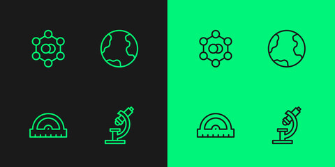 Set line Microscope, Protractor grid, Molecule and Earth globe icon. Vector