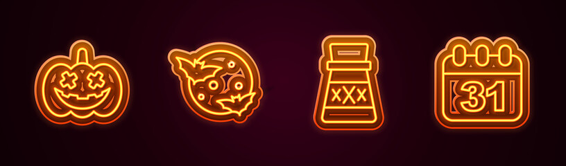 Set line Pumpkin, Moon and stars, Bottle with potion and Halloween date 31 october. Glowing neon icon. Vector