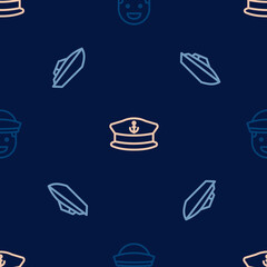 Set line Sailor, Speedboat and Captain hat on seamless pattern. Vector