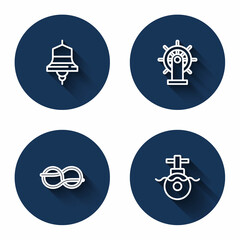Set line Ship bell, steering wheel, Nautical rope knots and Submarine with long shadow. Blue circle button. Vector