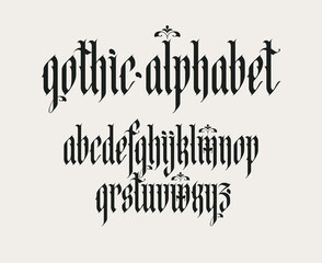 Gothic font. Full set of letters of the English alphabet in vintage style. Medieval Latin letters. Vector calligraphy and lettering. Suitable for tattoo, label, headline, poster, etc. - 516665767