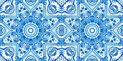  Blue white watercolor azulejo tile border background. Seamless coastal geometrical floral mosaic effect banner. Ornamental arabesque summer fashion repeat edge trim.