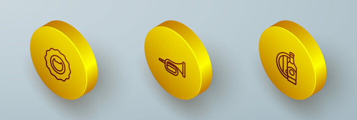 Set Isometric line Bottle opener, Trumpet and Beer bottle and wooden barrel icon. Vector