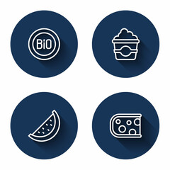 Set line Banner for bio, Popcorn in cardboard box, Watermelon and Cheese with long shadow. Blue circle button. Vector