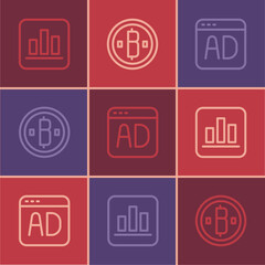 Set line Pie chart infographic, Advertising and Cryptocurrency coin Bitcoin icon. Vector