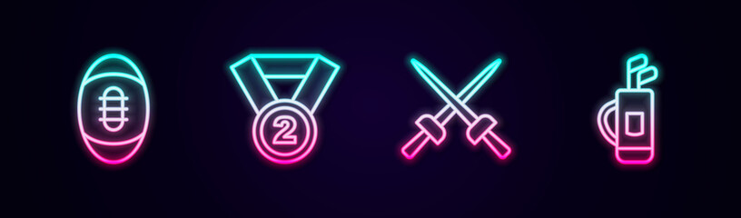 Set line American Football ball, Medal, Fencing and Golf bag with clubs. Glowing neon icon. Vector