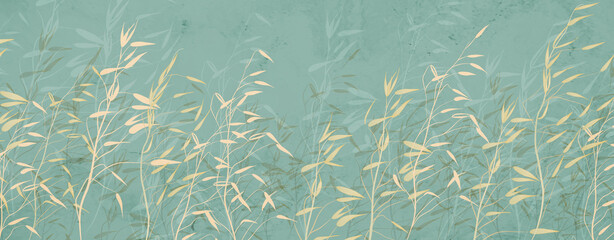 Fototapeta na wymiar Abstract art background with grass in golden colors. Light botanical banner in a watercolor style for wallpaper, decor, print, interior design.