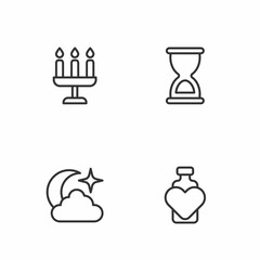 Set line Bottle with love potion, Moon and stars, Candlestick and Old hourglass icon. Vector