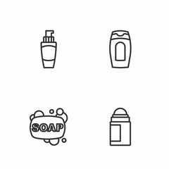 Fototapeta premium Set line Deodorant roll, Bar of soap, Tube hand cream and Bottle shampoo icon. Vector