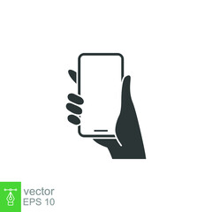 Hand holding phone icon. Simple solid style. Smartphone, cellphone, telephone, call, cellular, touch, web, internet concept. Vector illustration isolated on white background. EPS 10