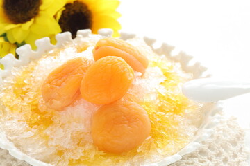 Korean street food, shaved ice Bingsu severed with dried apricot and sweet honey sauce