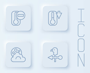 Set line Thermometer, Cloud with moon and Rooster weather vane. White square button. Vector