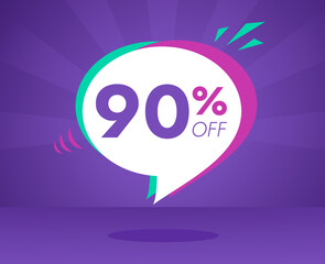 Sale special offer and discount 90 percent off, purple, pink and green banner vector illustration