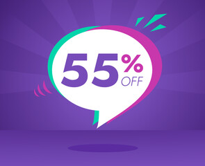 Sale special offer and discount 55 percent off, purple, pink and green banner vector illustration