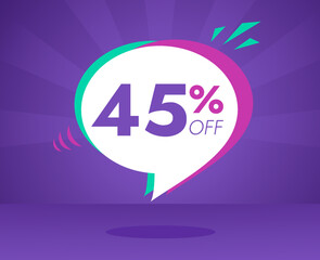 Sale special offer and discount 45 percent off, purple, pink and green banner vector illustration