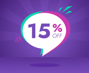 Sale special offer and discount 15 percent off, purple, pink and green banner vector illustration
