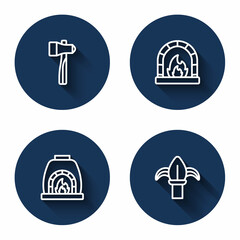Set line Hammer, Blacksmith oven, and Classic iron fence with long shadow. Blue circle button. Vector
