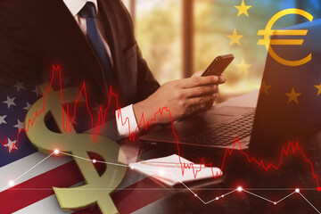 Eurocrash euro falling against usd dollar, Professional trader working on smartphone, 