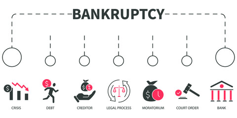 Bankruptcy Vector Illustration concept. Banner with icons and keywords . Bankruptcy symbol vector elements for infographic web