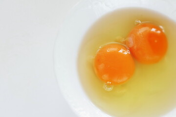 Double raw egg in white bowl with copy space