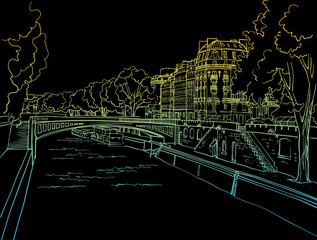 Nice view of old Paris, Notre Dame de Paris and river Seine. Paris, France. Hand drawn sketch. Line art. Ink drawing. Colorful vector background on black. 