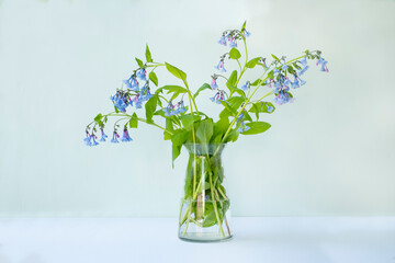 Bouquet of spring flower in glass vase on on a light background
