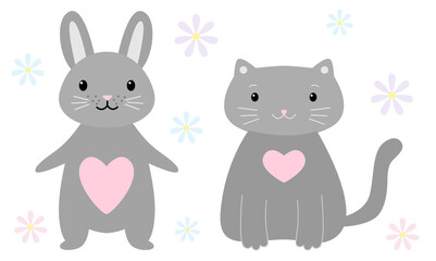 Gray cat and rabbit are made in the same style with pink hearts on chest. Childrens animals pets for decoration, for web design, for decoration isolated on white background. Vector illustration