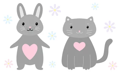 Fotobehang Gray cat and rabbit are made in the same style with pink hearts on chest. Childrens animals pets for decoration, for web design, for decoration isolated on white background. Vector illustration © Currant_Crescent
