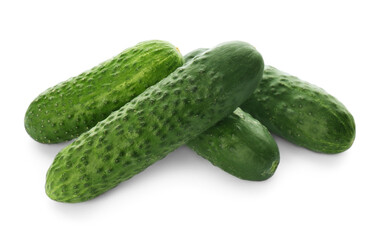 Whole fresh green cucumbers on white background