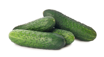 Whole fresh green cucumbers on white background