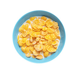 Tasty corn flakes with milk in bowl isolated on white, top view
