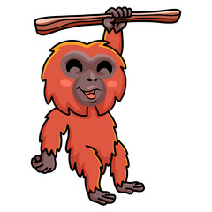 Cute little orangutan cartoon hanging on tree