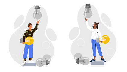 Introduction of innovations. Man and woman entrepreneurs change burned out light bulb to new one. Metaphor for business transformation and new solutions. Cartoon flat vector set isolated on white