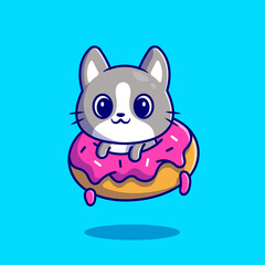 Cute Cat With Doughnut Cartoon Vector Icon Illustration. Animal Food Icon Concept Isolated Premium Vector. Flat Cartoon Style