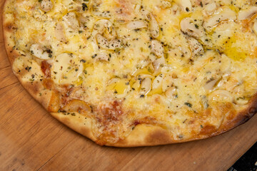 Brazilian pizza with mushroom, cheese and oregano