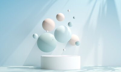 3D cylinder pedestal podium with floating spheres for product presentation background, scene for products showcase, 3d rendering