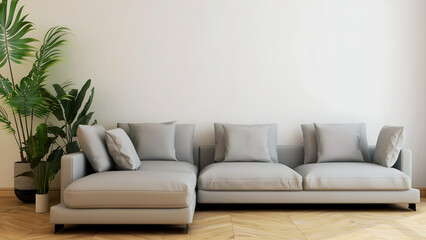 Room with big grey sofa and pillows, plant, wooden floor, and empty wall. 3d illustration. 3d rendering