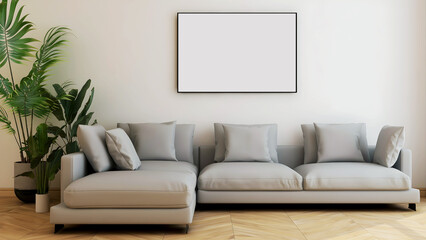 Room with big grey sofa and pillows, plant, wooden floor, and a big empty frame. 3d illustration. 3d rendering